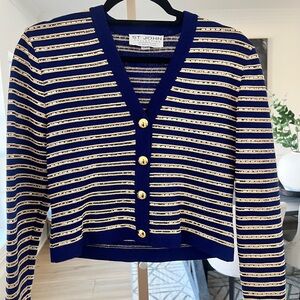 St. John Collection Gold Metallic Stripe Cardigan Royal Blue Knit Sz P